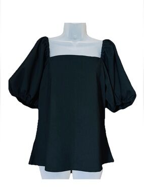 Boston Proper Puff Balloon Sleeve Top XL Black Square Neckline Date Night Chic